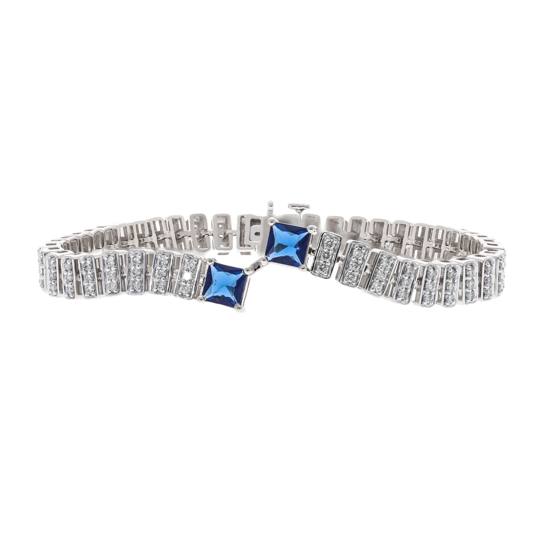 2.50 Ct Natural Diamond Bars with Princess Cut Lab Sapphire Bracelet - Helodia Jewelry