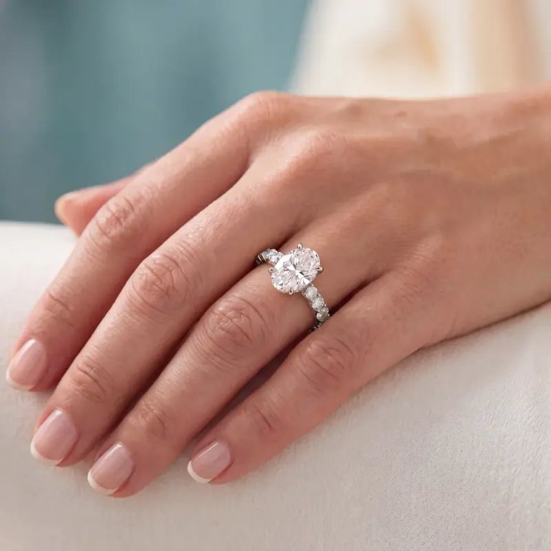 Oval Lab-Grown Diamond Ring with Side Stones, 1.86 ct — 14K white gold