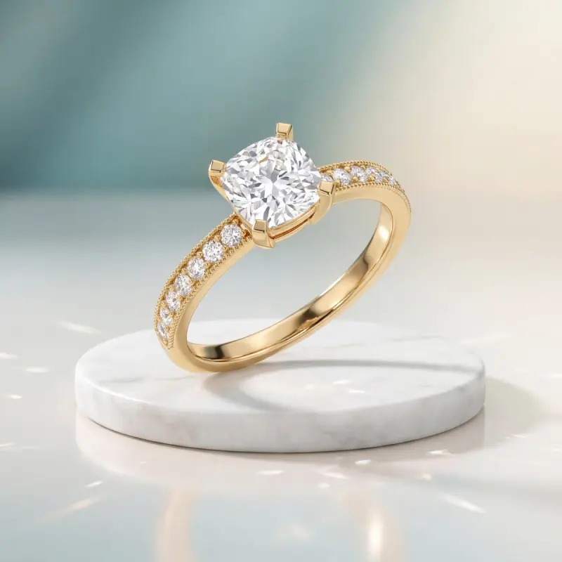 Cushion Lab-Grown Diamond Ring with Side Stones, 2.00 ct — 14K yellow gold