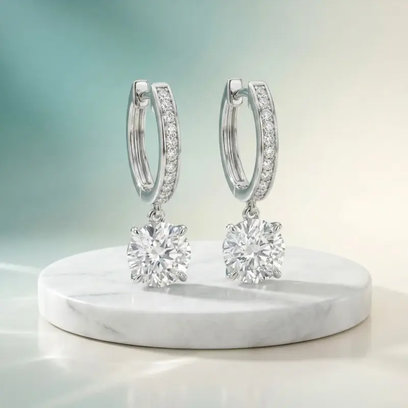 Round Lab-Grown Diamond Drop Earrings, 4.18 ct total — 14K white gold