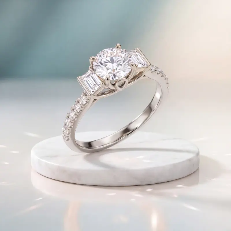 Round Lab-Grown Diamond Ring with Side Stones, 1.50 ct — 14K white gold
