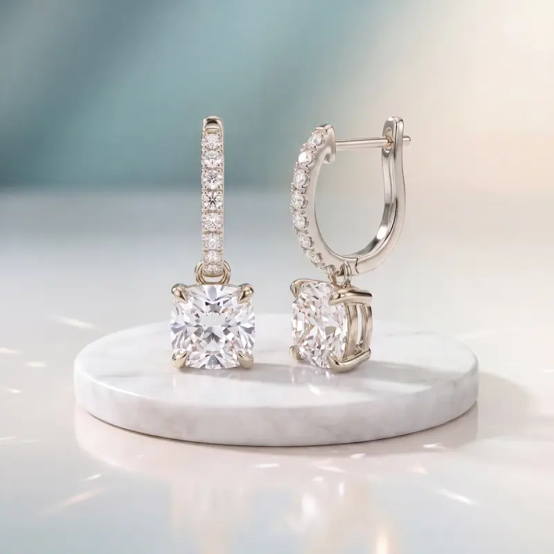 Cushion Lab-Grown Diamond Drop Earrings, 4.18 ct total — 14K white gold