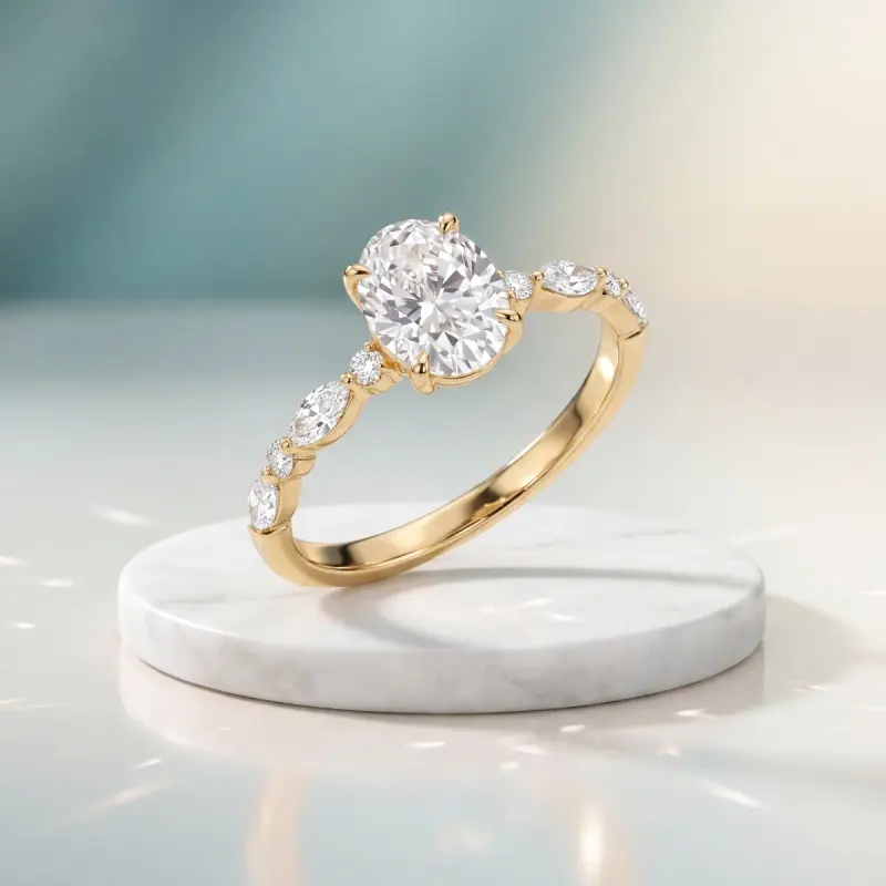 Oval Lab-Grown Diamond Ring with Side Stones, 1.86 ct — 14K yellow gold