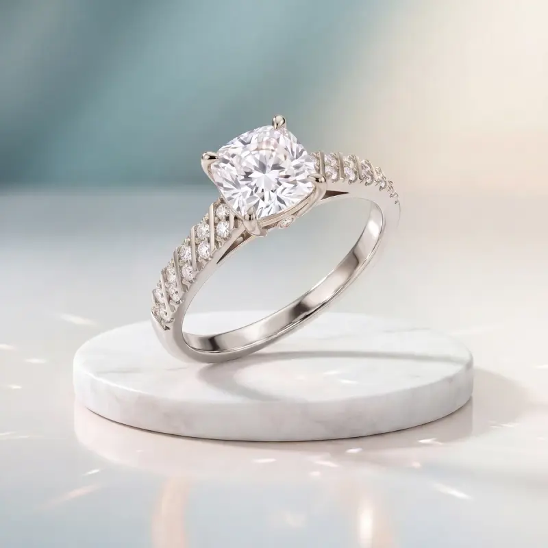Cushion Lab-Grown Diamond Ring with Side Stones, 2.00 ct — 14K white gold