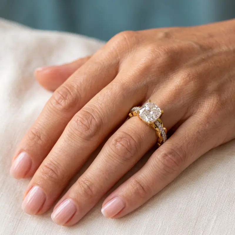 Cushion Lab-Grown Diamond Ring with Side Stones, 2.00 ct — 14K yellow gold (2/2)