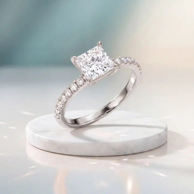 Princess Lab-Grown Diamond Ring with Side Stones, 2.00 ct — 14K white gold