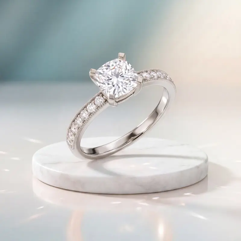 Cushion Lab-Grown Diamond Ring with Side Stones, 2.00 ct — 14K white gold