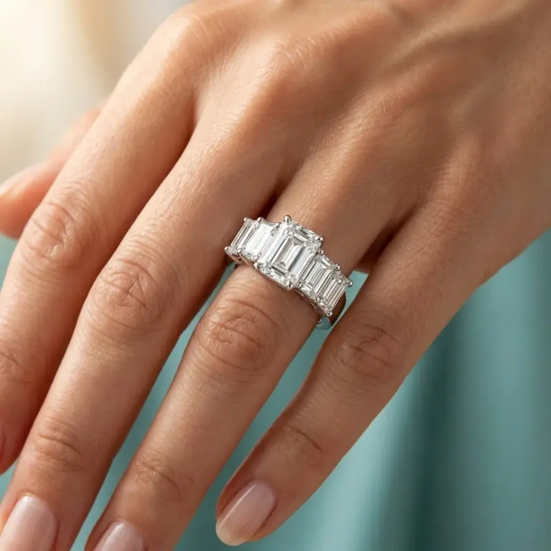 Emerald Lab-Grown Diamond Ring with Side Stones, 1.74 ct — 14K white gold