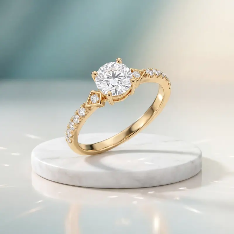 Round Lab-Grown Diamond Ring with Side Stones, 1.35 ct — 14K yellow gold