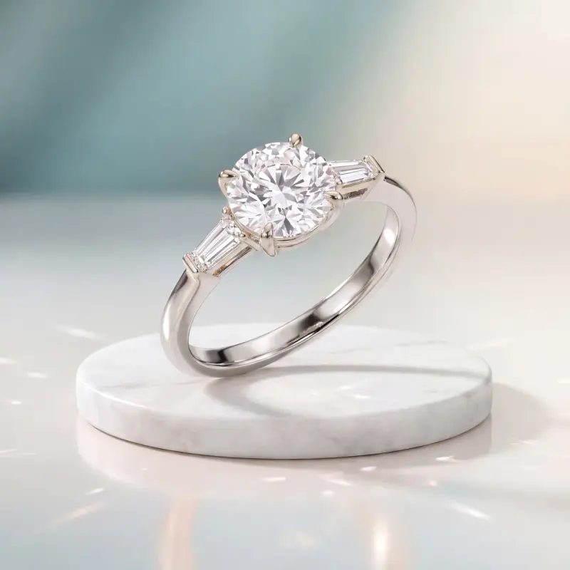 Round Lab-Grown Diamond Ring with Side Stones, 2.00 ct — 14K white gold