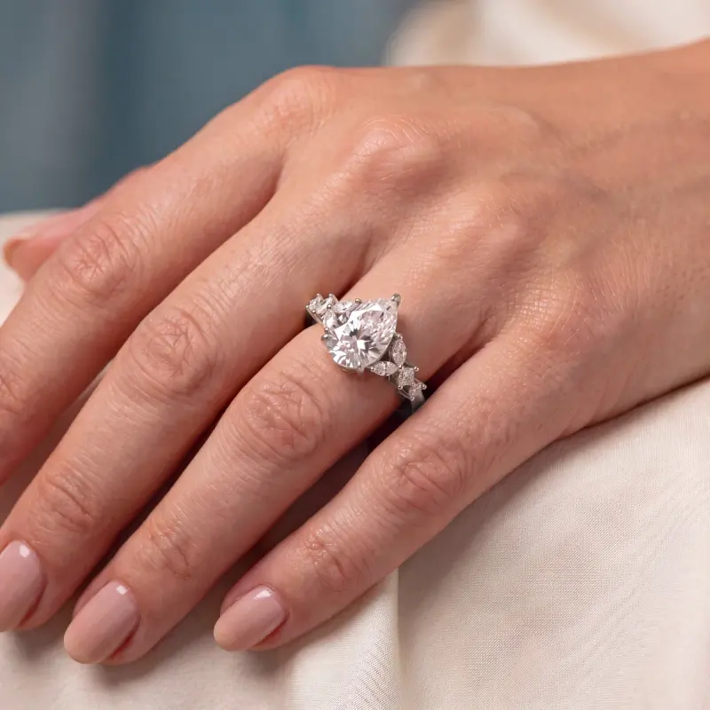 Pear Lab-Grown Diamond Ring with Side Stones, 2.04 ct — 14K white gold