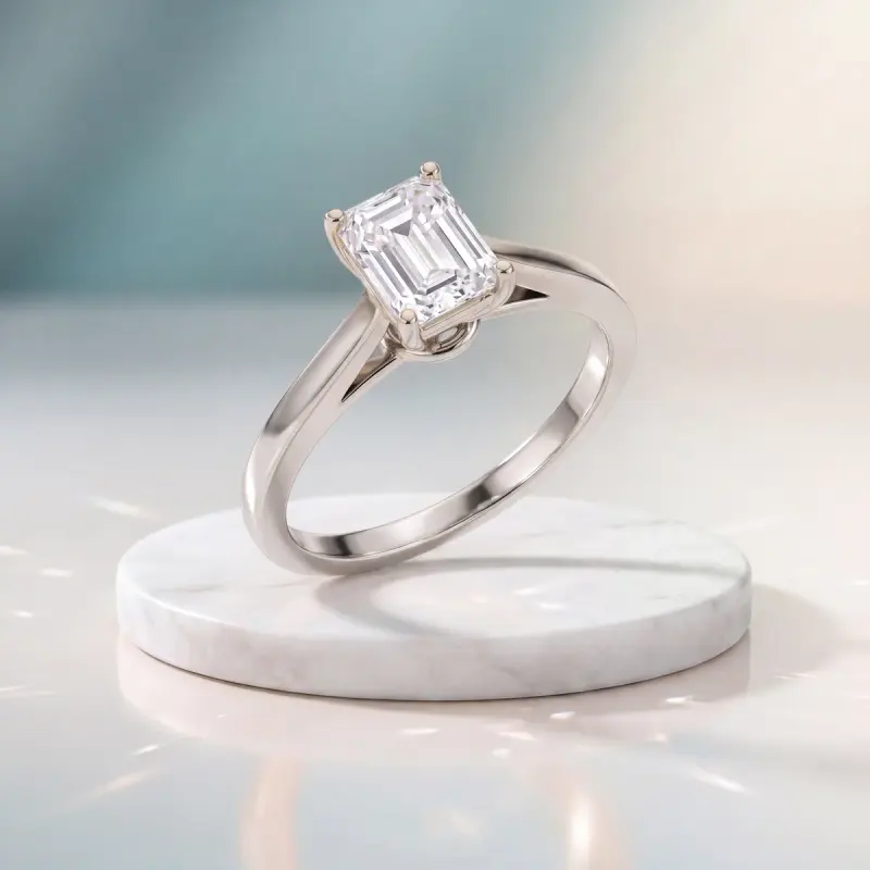 Emerald Moissanite Solitaire Ring, 5.5 mm — 14K white gold