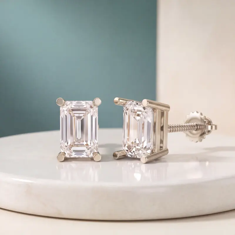 Emerald Lab-Grown Diamond Earrings, 4.12 ct total — 14K white gold