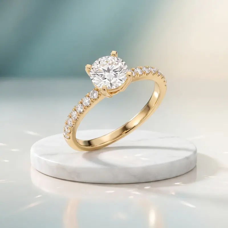 Round Lab-Grown Diamond Ring with Side Stones, 1.35 ct — 14K yellow gold