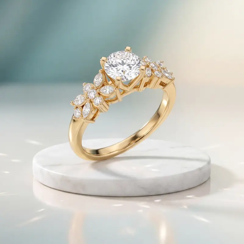 Round Lab-Grown Diamond Ring with Side Stones, 1.40 ct — 14K yellow gold