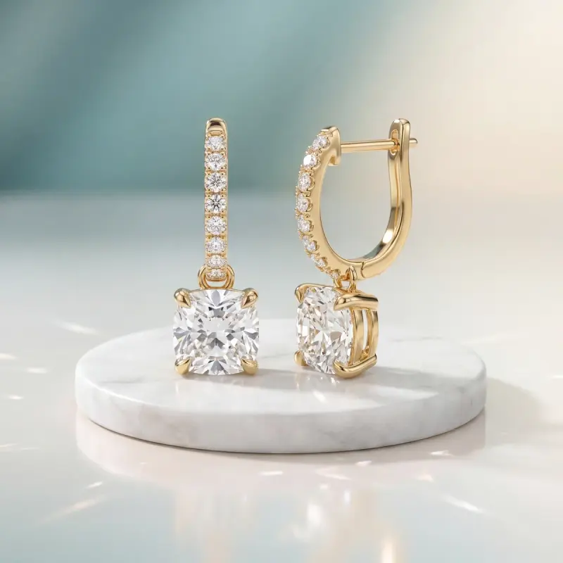 Cushion Lab-Grown Diamond Drop Earrings, 4.18 ct total — 14K yellow gold