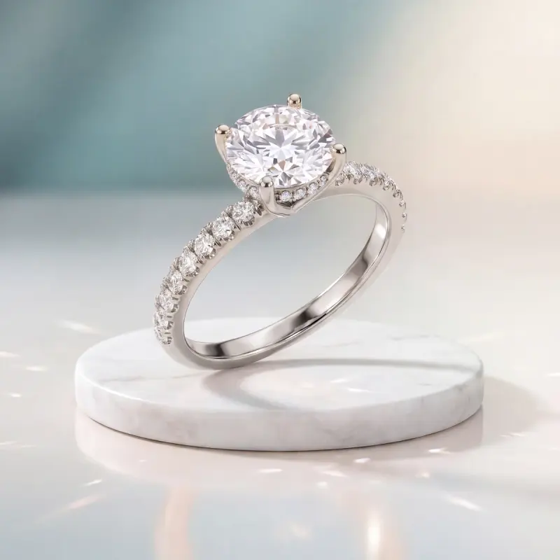 Round Lab-Grown Diamond Ring with Side Stones, 2.00 ct — 14K white gold