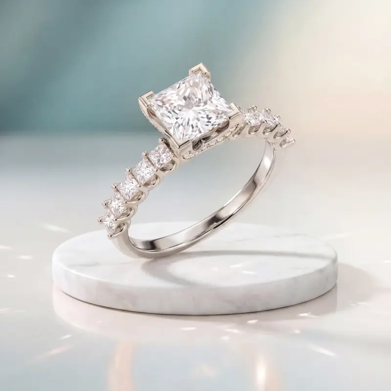 Princess Lab-Grown Diamond Ring with Side Stones, 2.00 ct — 14K white gold