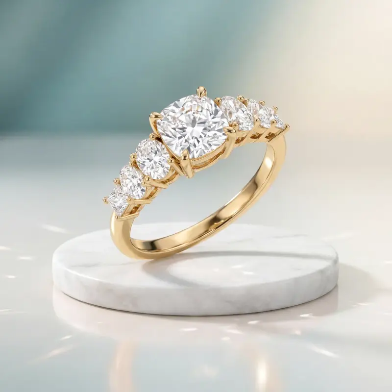 Cushion Lab-Grown Diamond Ring with Side Stones, 1.51 ct — 14K yellow gold
