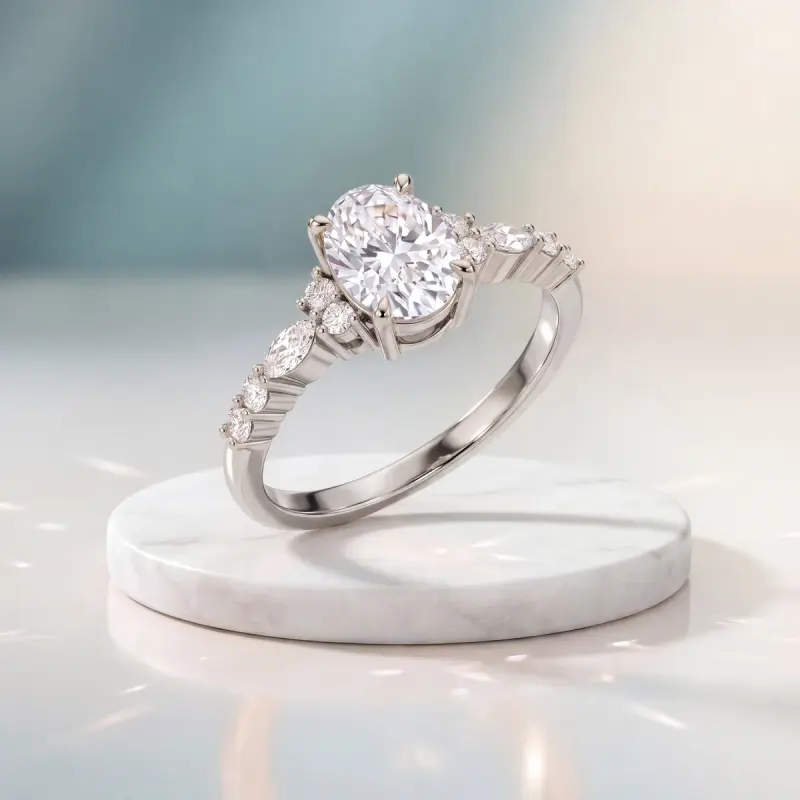 Oval Lab-Grown Diamond Ring with Side Stones, 1.25 ct — 14K white gold