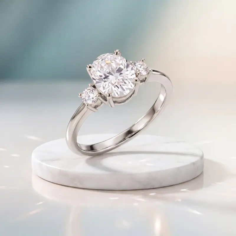Oval Lab-Grown Diamond Ring with Side Stones, 1.86 ct — 14K white gold