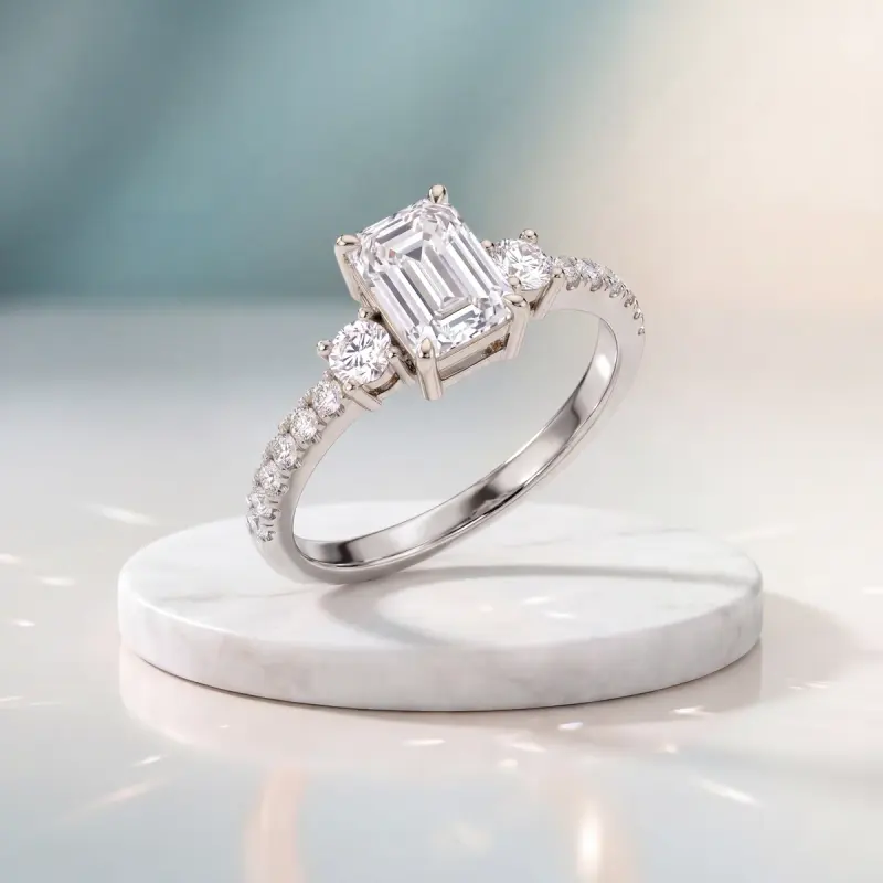 Emerald Lab-Grown Diamond Ring with Side Stones, 1.74 ct — 14K white gold