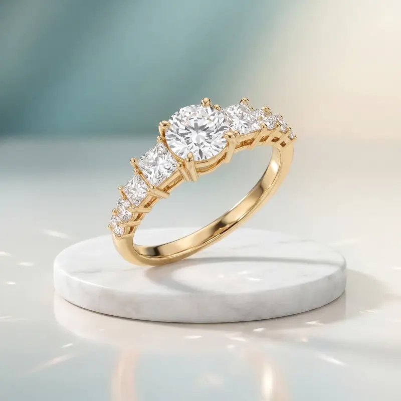 Round Lab-Grown Diamond Ring with Side Stones, 1.30 ct — 14K yellow gold