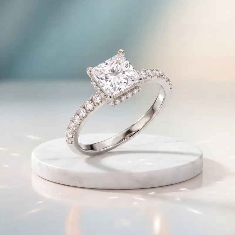 Princess Lab-Grown Diamond Ring with Side Stones, 2.00 ct — 14K white gold