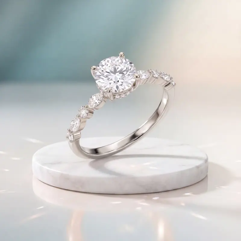 Round Lab-Grown Diamond Ring with Side Stones, 2.00 ct — 14K white gold