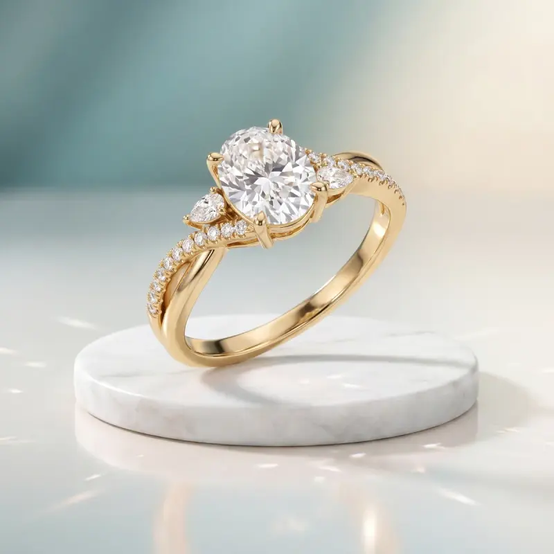 Oval Lab-Grown Diamond Ring with Side Stones, 1.86 ct — 14K yellow gold