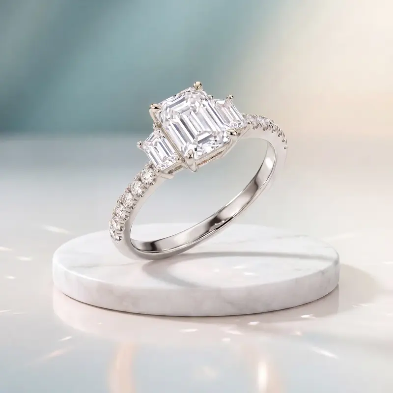 Emerald Lab-Grown Diamond Ring with Side Stones, 2.00 ct — 14K white gold