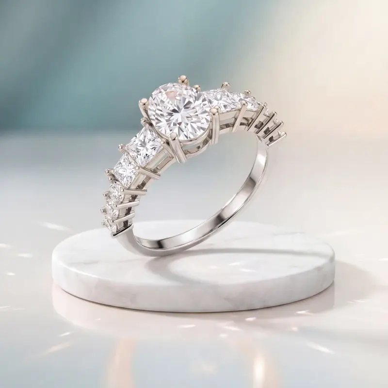 Oval Lab-Grown Diamond Ring with Side Stones, 1.86 ct — 14K white gold