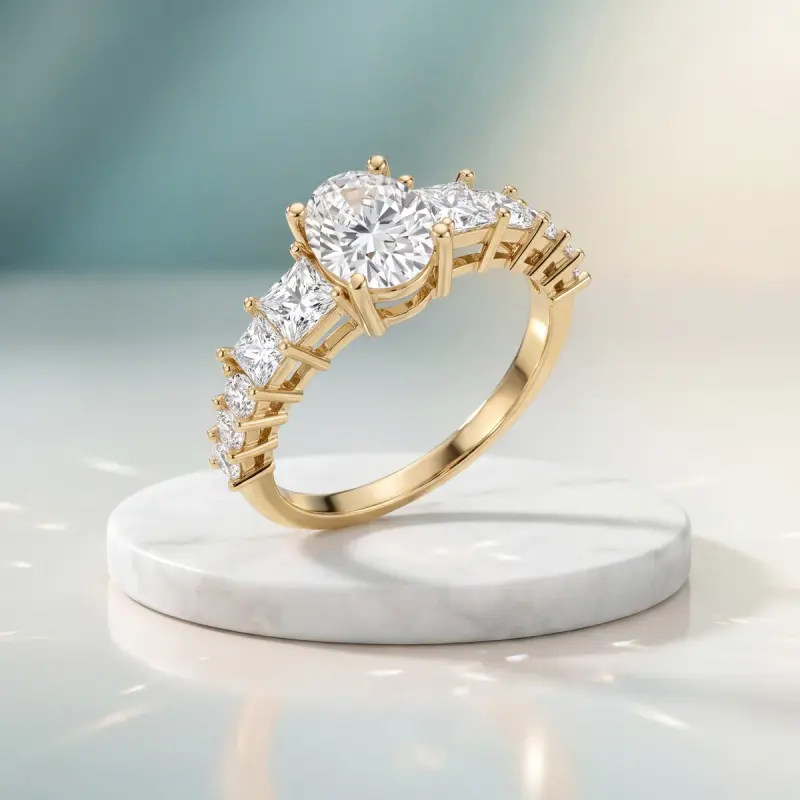 Oval Lab-Grown Diamond Ring with Side Stones, 1.86 ct — 14K yellow gold