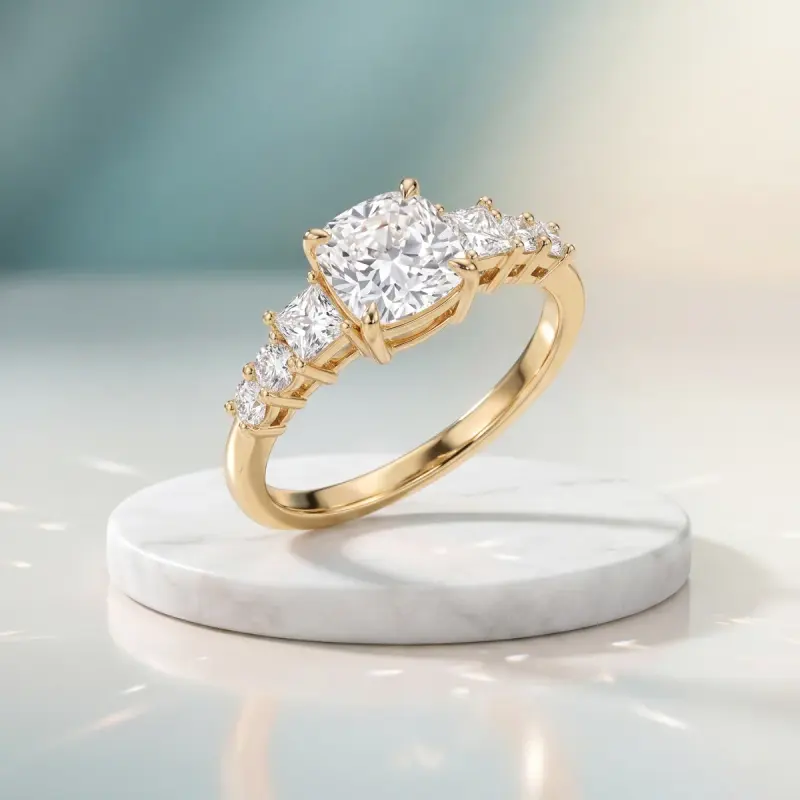 Cushion Lab-Grown Diamond Ring with Side Stones, 1.25 ct — 14K yellow gold