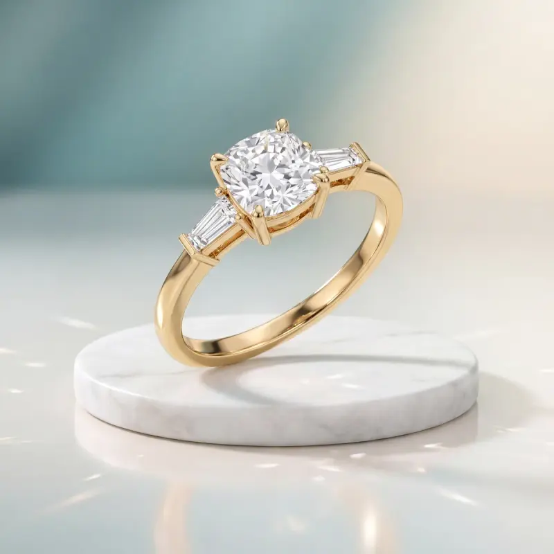 Cushion Lab-Grown Diamond Ring with Side Stones, 2.00 ct — 14K yellow gold