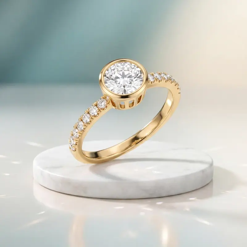 Round Lab-Grown Diamond Ring with Side Stones, 1.35 ct — 14K yellow gold