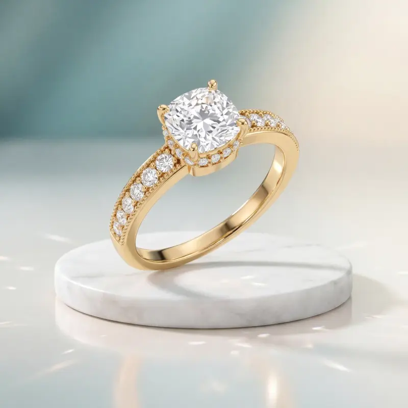 Cushion Lab-Grown Diamond Ring with Side Stones, 2.00 ct — 14K yellow gold