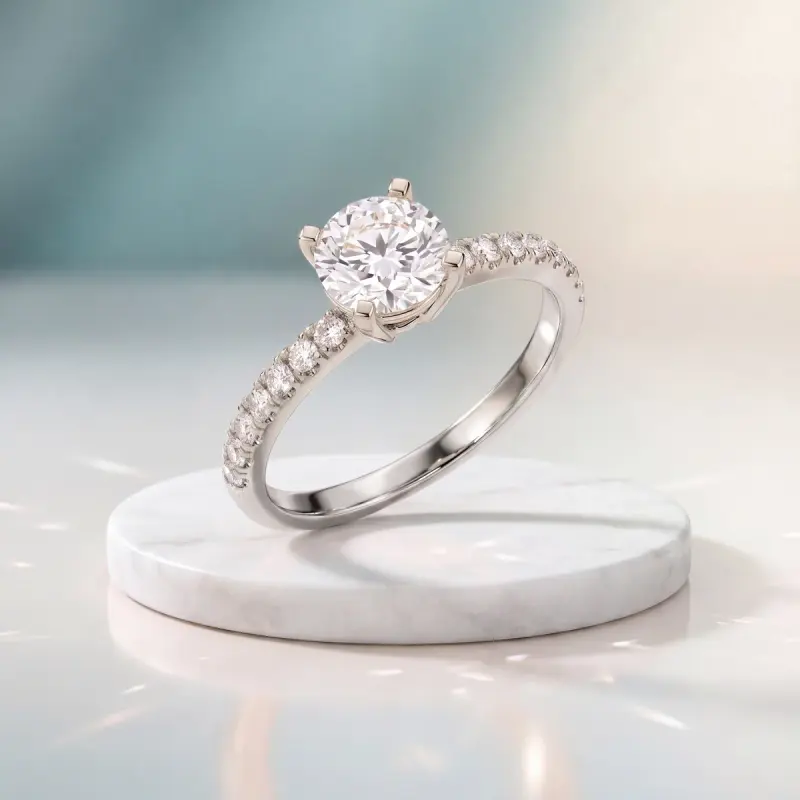 Round Lab-Grown Diamond Ring with Side Stones, 1.35 ct — 14K white gold