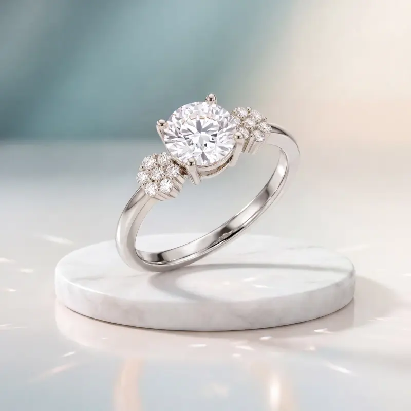Round Lab-Grown Diamond Ring with Side Stones, 1.35 ct — 14K white gold
