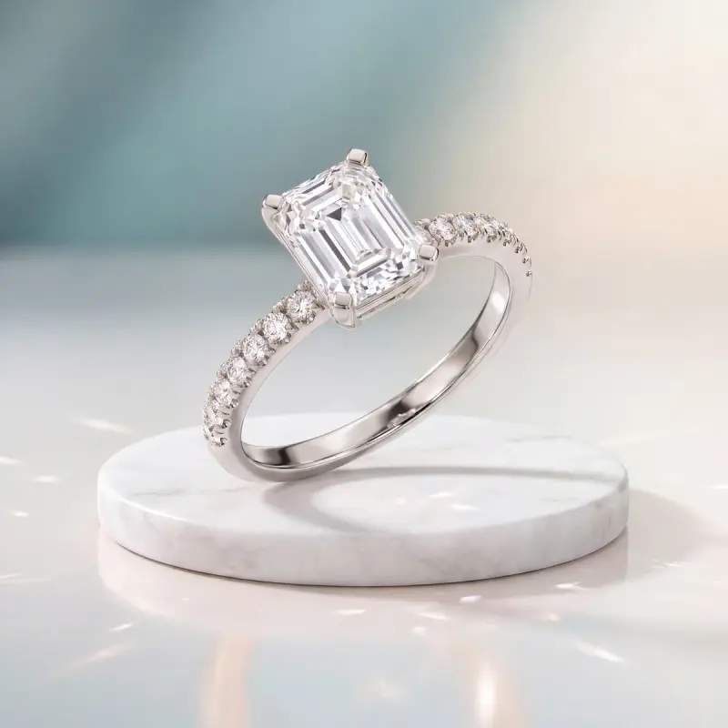 Emerald Lab-Grown Diamond Ring with Side Stones, 1.74 ct — 14K white gold