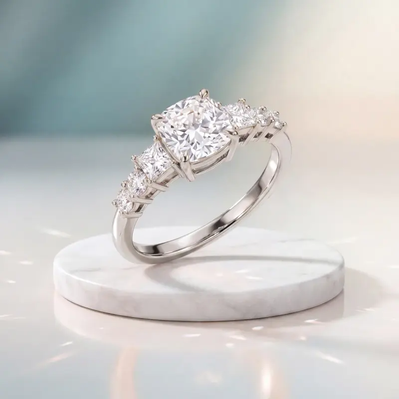 Cushion Lab-Grown Diamond Ring with Side Stones, 1.25 ct — 14K white gold