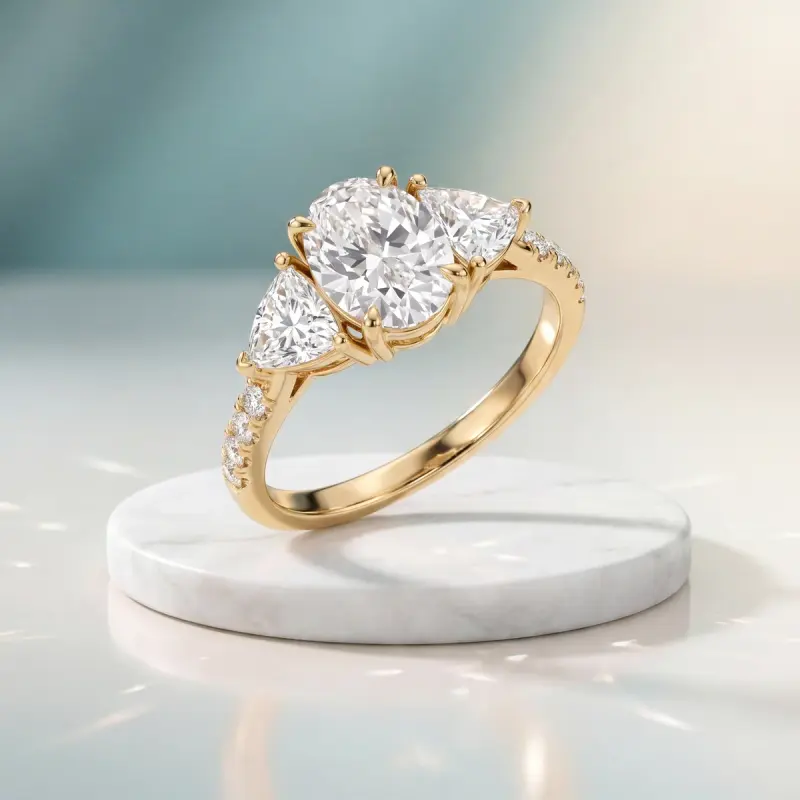 Oval Moissanite Ring with Side Stones, 8 mm — 14K yellow gold