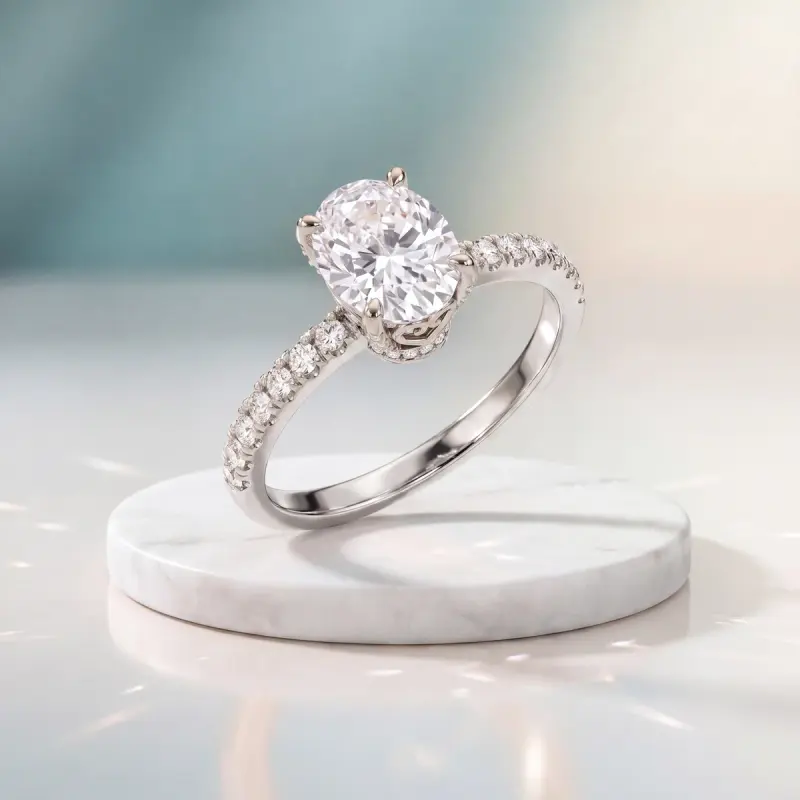 Oval Lab-Grown Diamond Ring with Side Stones, 1.86 ct — 14K white gold