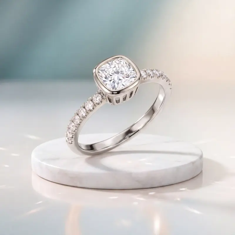 Cushion Lab-Grown Diamond Ring with Side Stones, 1.25 ct — 14K white gold