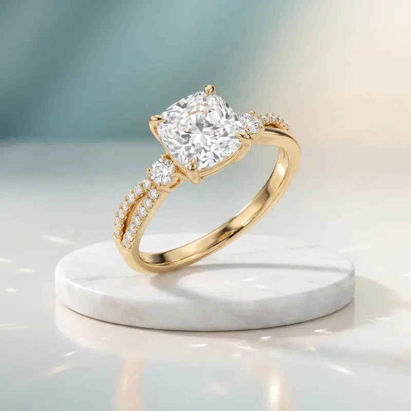 Cushion Lab-Grown Diamond Ring with Side Stones, 2.00 ct — 14K yellow gold