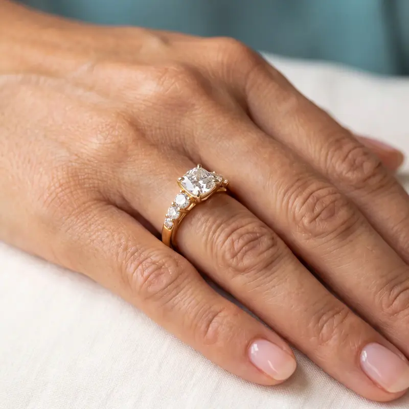 Cushion Lab-Grown Diamond Ring with Side Stones, 2.00 ct — 14K yellow gold