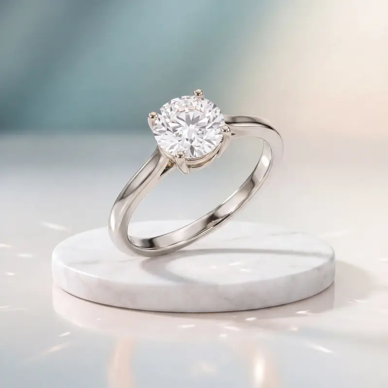 Round Moissanite Solitaire Ring, 8 mm — 14K white gold