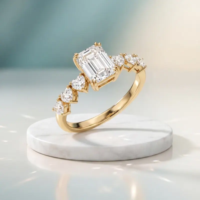Emerald Lab-Grown Diamond Ring with Side Stones, 1.74 ct — 14K yellow gold