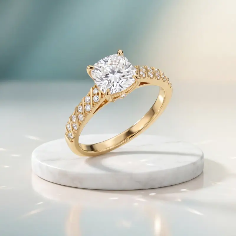 Cushion Lab-Grown Diamond Ring with Side Stones, 2.00 ct — 14K yellow gold
