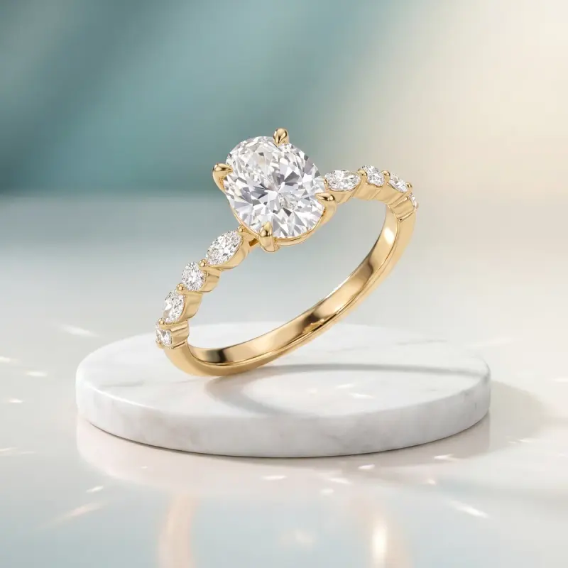 Oval Lab-Grown Diamond Ring with Side Stones, 1.86 ct — 14K yellow gold